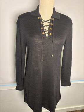 St. John Black Lace-Up Knit Tunic with Gold Accents Santana Style